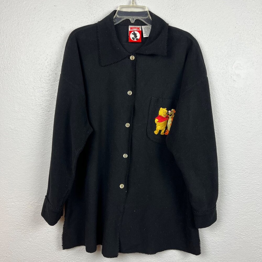Mickey, Inc Women's Black Winnie The Pooh Fleece Embroidered Button Up Size XL